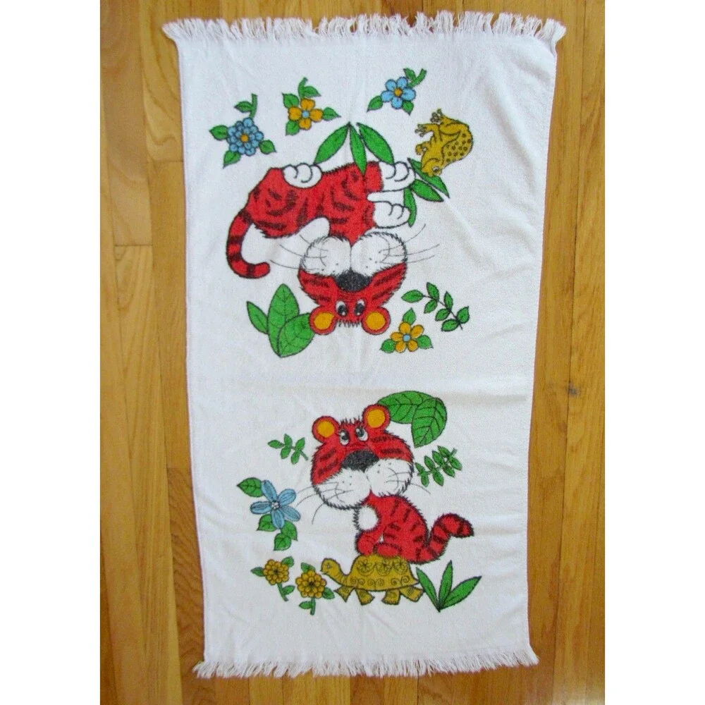 Vintage 1970s Cannon Bath Towel Monticello Tiger Frog Turtle Fringed
